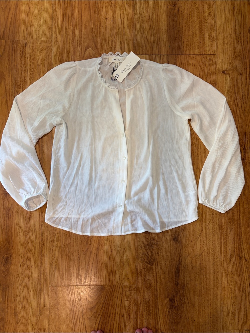 NWT Haver & Blair White Lace-Trim Button Sheer Blouse - Size Small